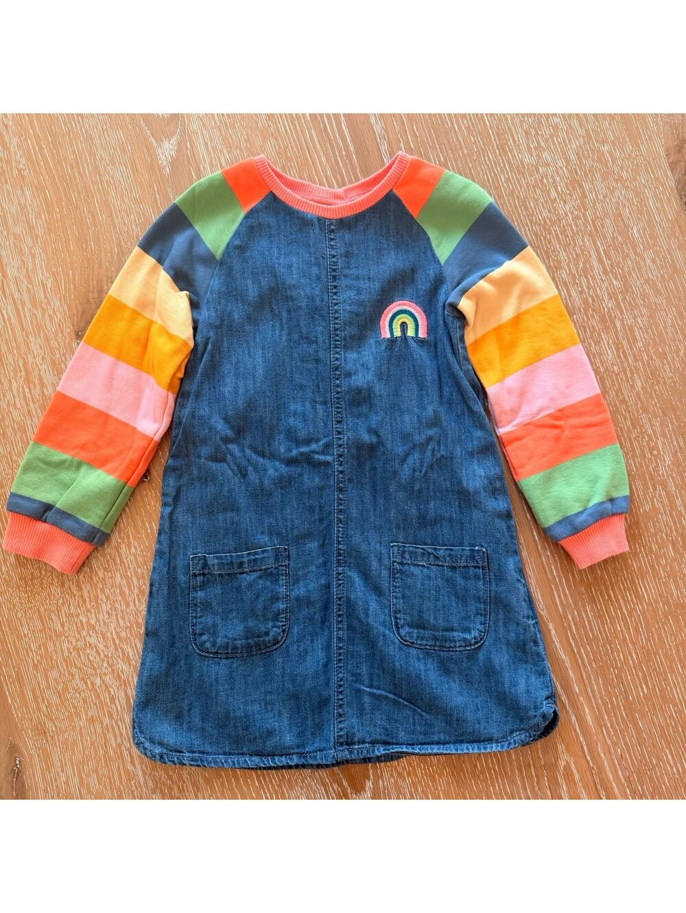 Next Chambray Rainbow Stripe Sleeve Dress Girls 3-4Y Denim Pocket Dress